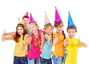 Group of teen people in party hat. Isolated.